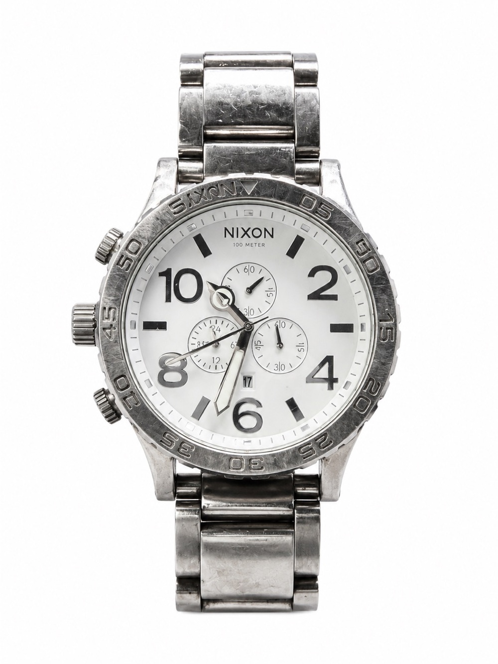 Nixon Silver Stainless Steel 51/30 Chronograph Watch with White Dial